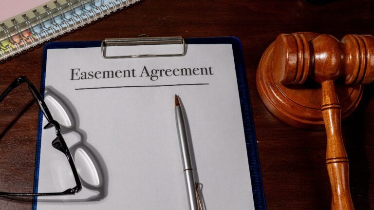 Easement agreement, judge's gavel and pen